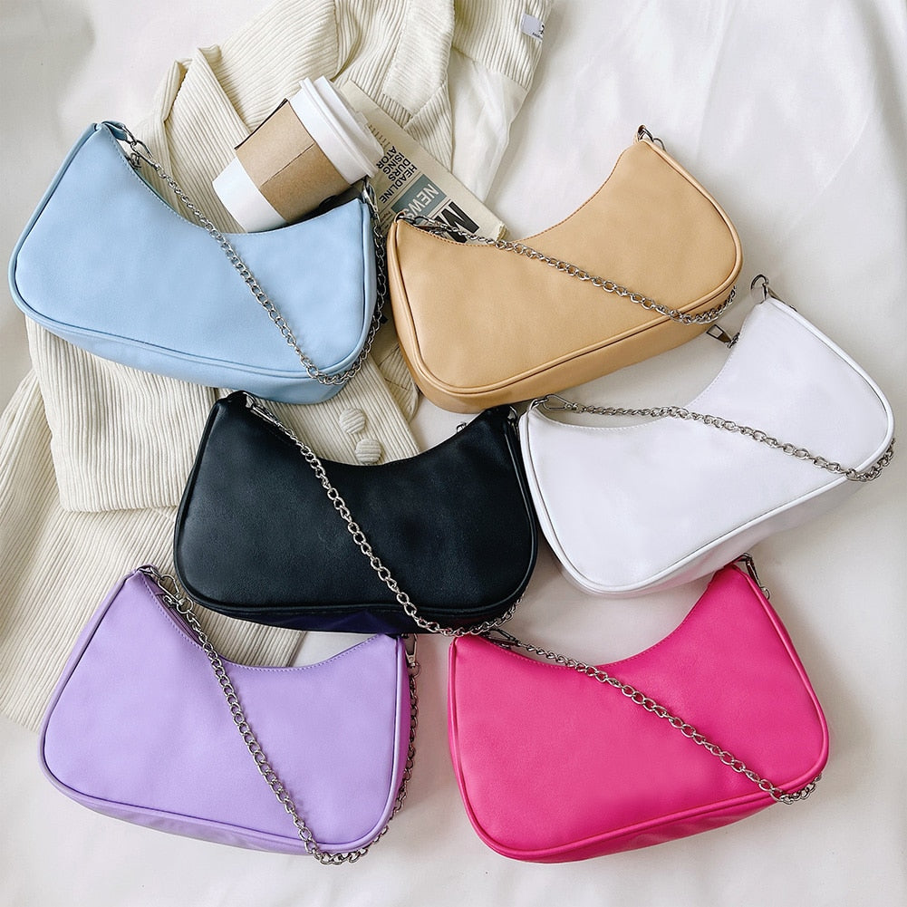 PU Leather Solid Color Chain Shopper Shoulder Bags