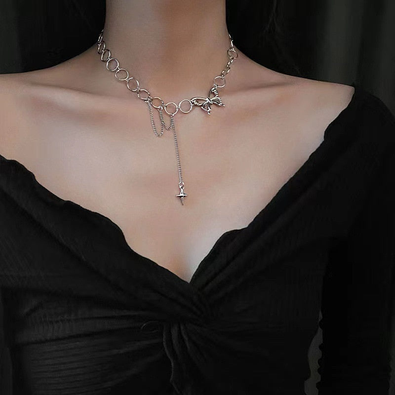 Women Silver Color Butterfly Short Gift Necklace