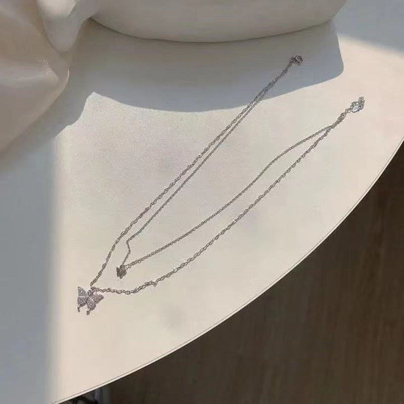 New Shiny Butterfly Double Layer Clavicle Chain Necklace