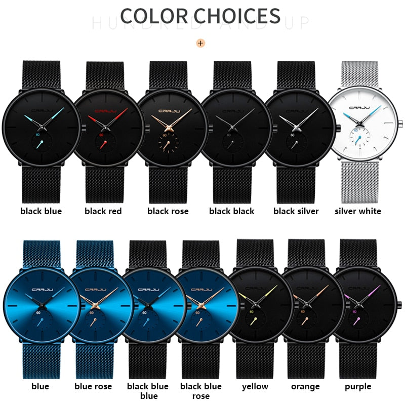 CRRJU Fashion Luxury Slim Mesh Steel Waterproof Mens Watch