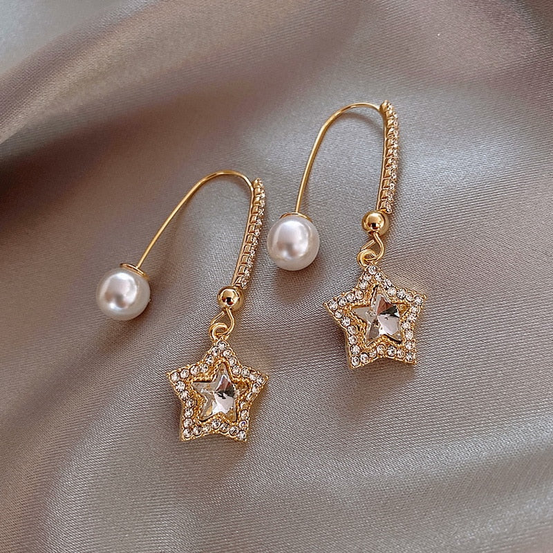 Trendy Moon Dangle Pearl Cherry Cat Rhinestone Earring