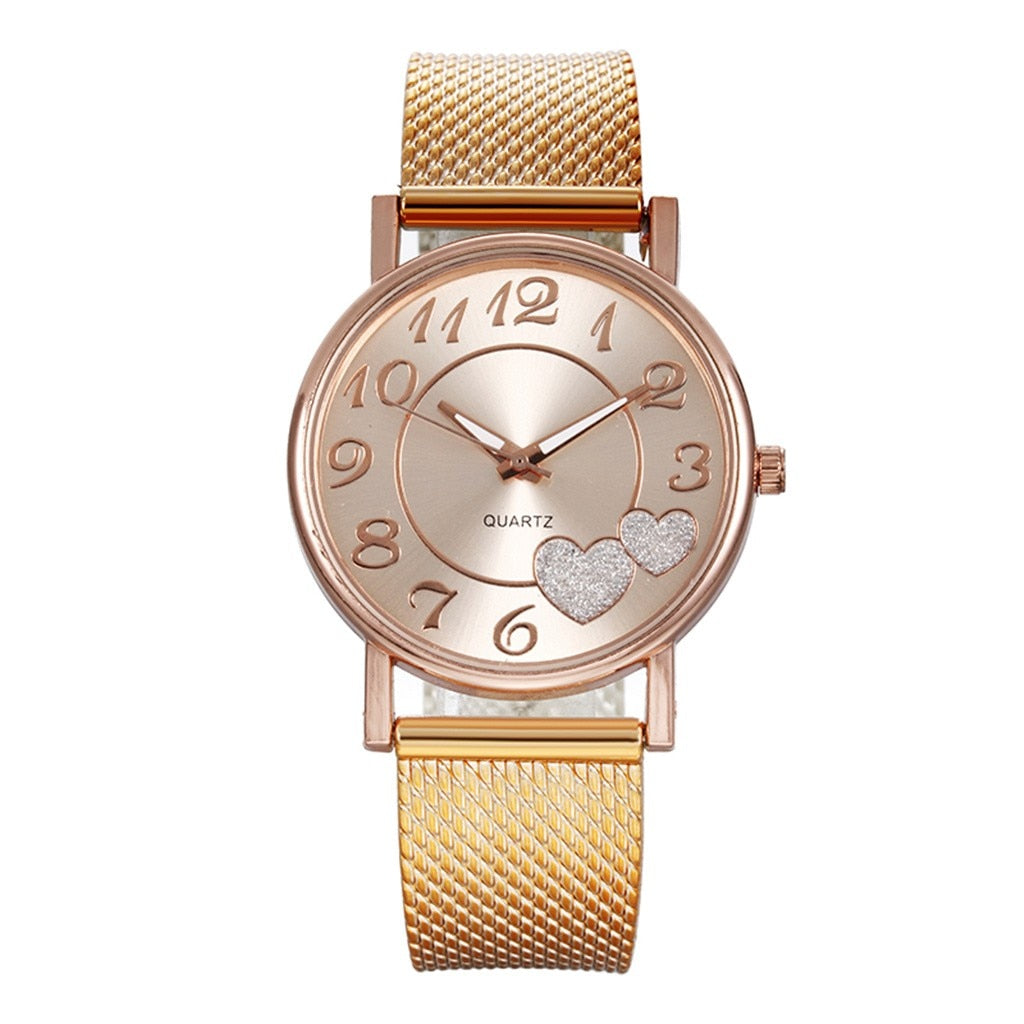 Fashion Women Silver Heart Dial Silicone Mesh Belt Wristwatch