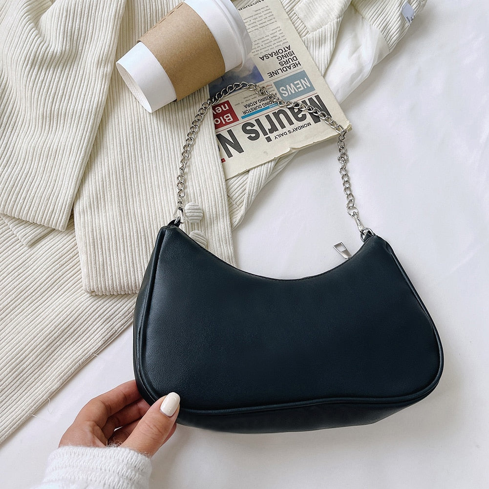 Women's Bag PU Leather 2021 New Solid Color Armpit Underarm Shoulder Bags for Women Casual Ladies Chain Shopper Handbags Purse