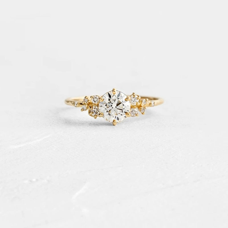 Aide 925 Sterling Silver Gold Single Round Zircon Crystal Ring
