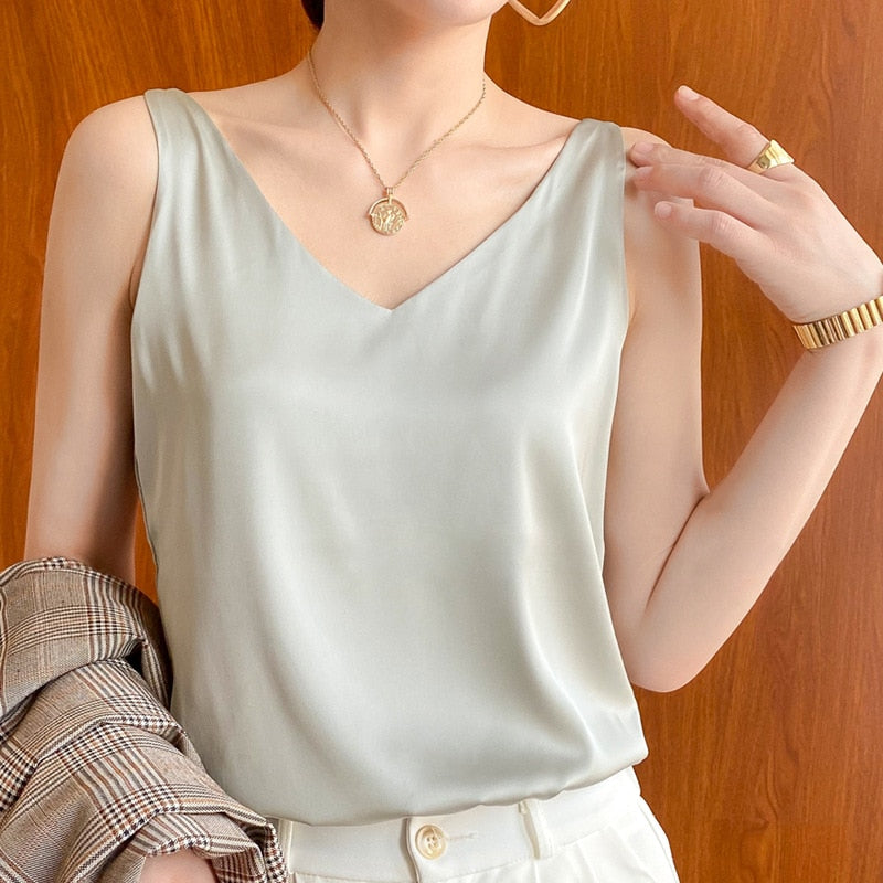 Band Top Halter V-nek Moulose satyn sy-tenktop