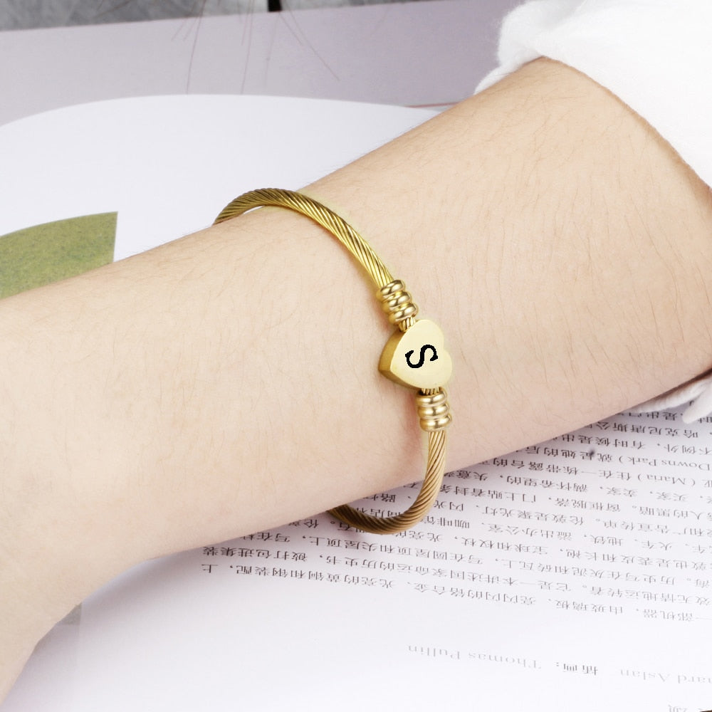 Initial Later Charms Bracelets Fashion Girls Gold Color Stainless Steel Heart Bracelet
