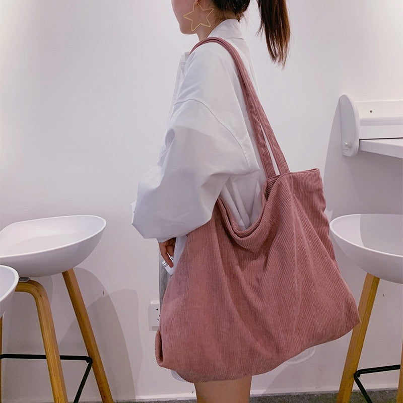 Corduroy Zipper Reusable Thickened Large Capacity Tote Bag