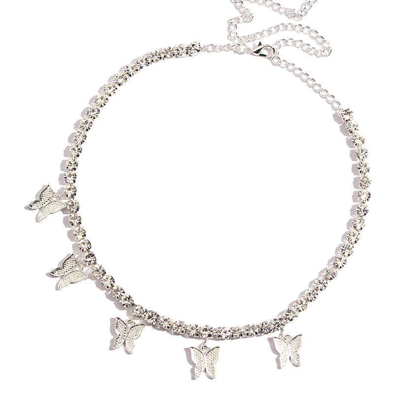 Gold Silver Color Butterfly Pendant Necklace Female Shiny Crystal Clavicle Chain Necklace