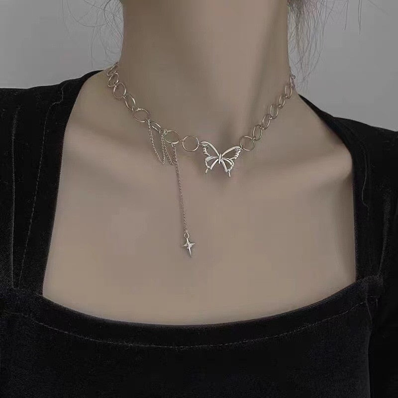 Women Silver Color Butterfly Short Gift Necklace