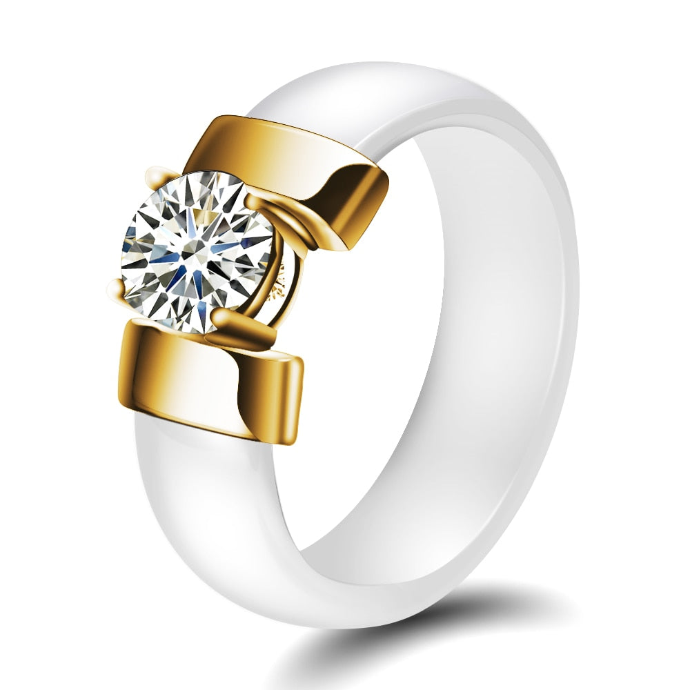 6mm White Black Ceramic Rings Plus Cubic Zirconia For Women