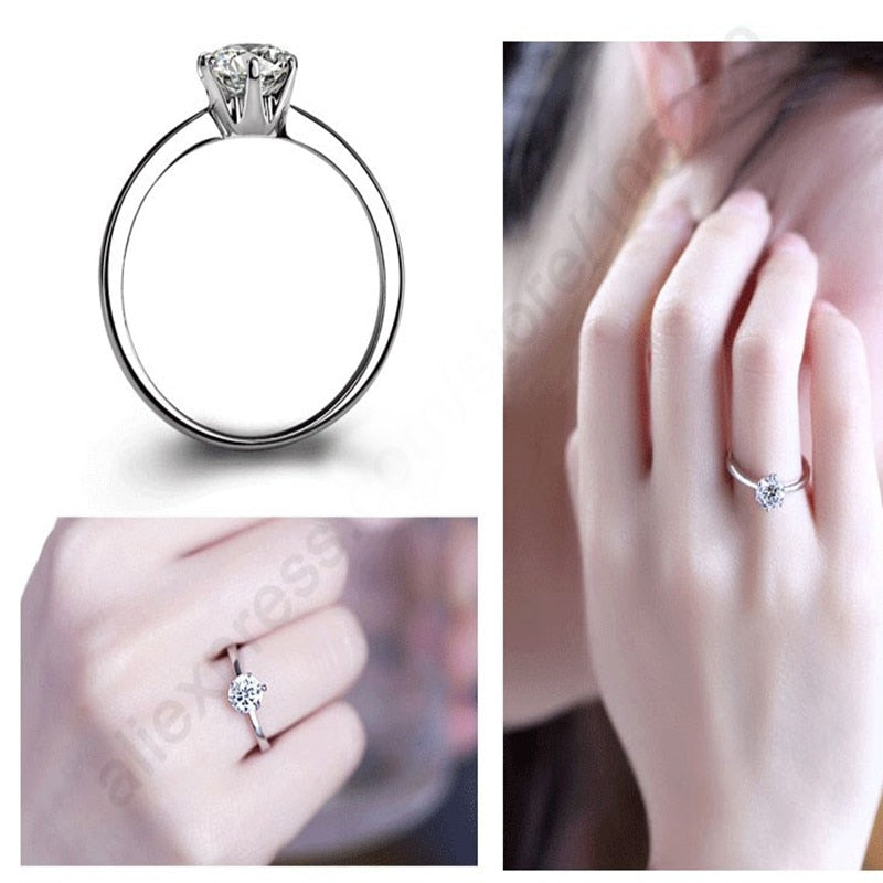 Elegant Classic Real 925 Sterling Silver Crystal Cubic Zircon Ring