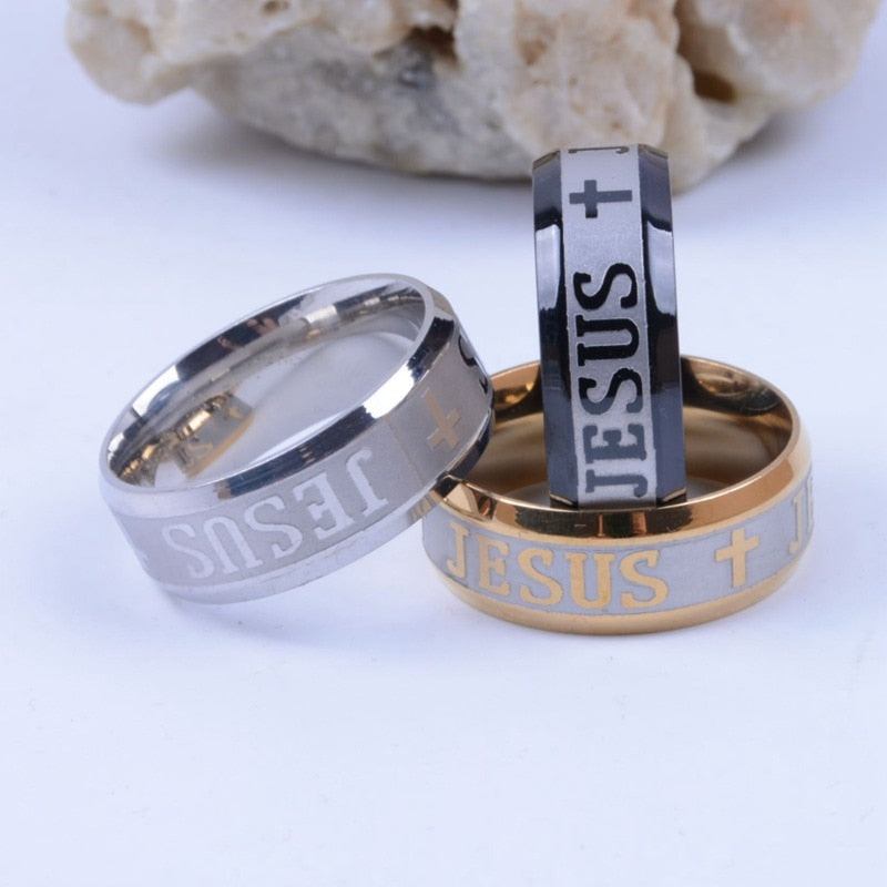 Stainless Steel Black Color Jesus Cross Letter Bible Ring