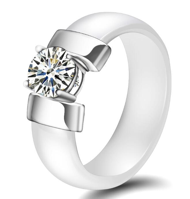 6mm White Black Ceramic Rings Plus Cubic Zirconia For Women