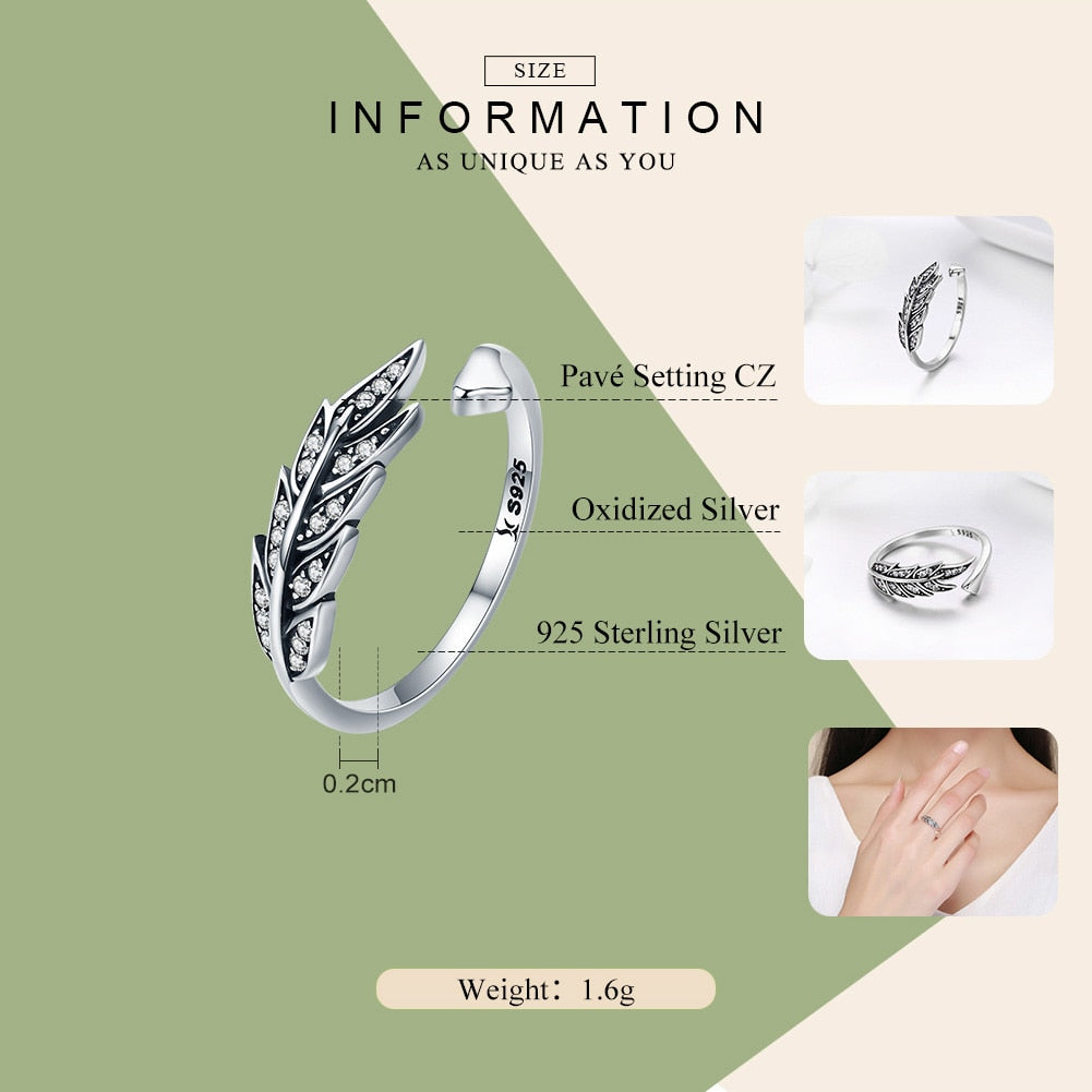 BAMOER 925 Sterling Silver Feather Wings Adjustable Finger Ring
