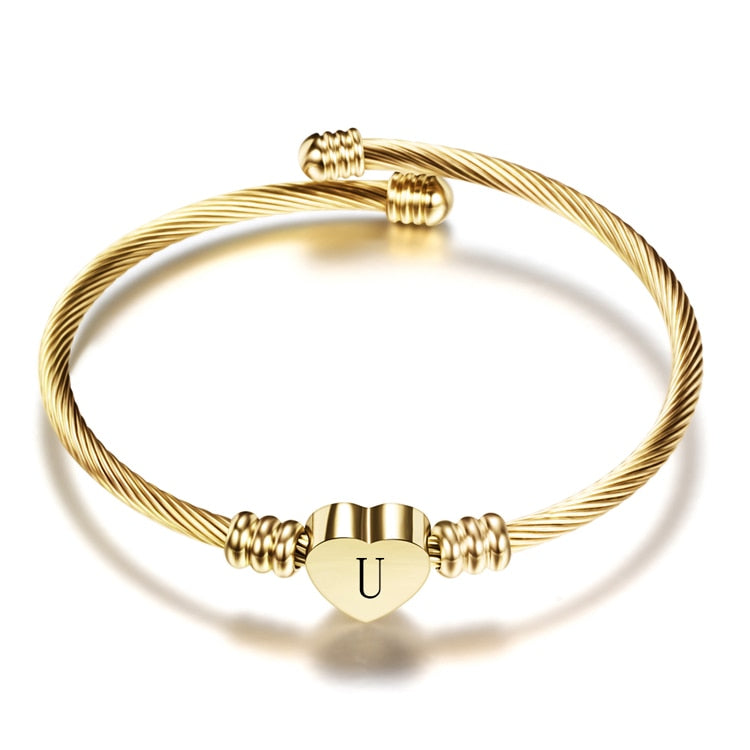 Initial Later Charms Bracelets Fashion Girls Gold Color Stainless Steel Heart Bracelet