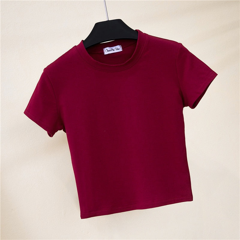 Crop Top Female Solid Cotton O-Neck Short Sleeve T-Shirt