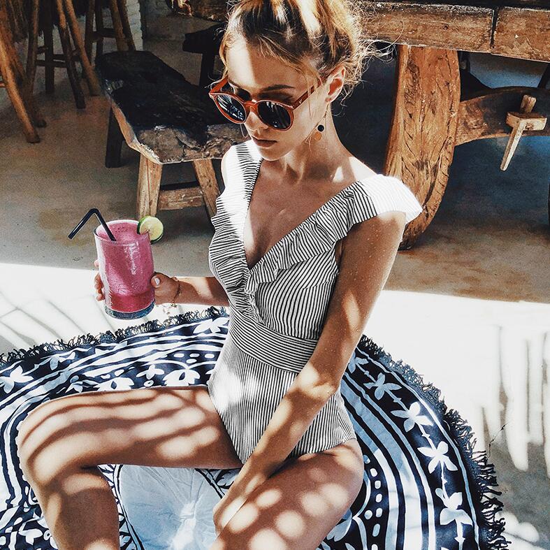 One Piece Striped Ruffled Vintage Print Swimsuit