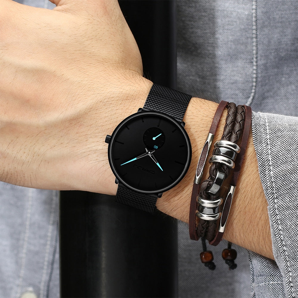 CRRJU Fashion Luxury Slim Mesh Steel Waterproof Mens Watch
