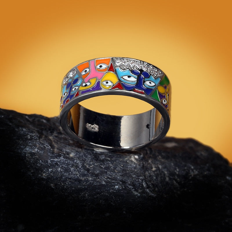 White CZ Handmade Enamel Lovely Ring