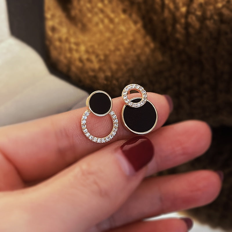Asymmetrical Round Hollow Black Stud Earrings