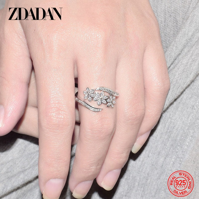 925 Sterling Silver Fashion Adjustable Open CZ Flowers Ring