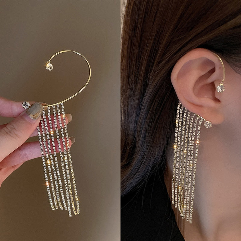 Luxury Shiny Crystal Rhinestone Long Tassel Ear Cuff Earing