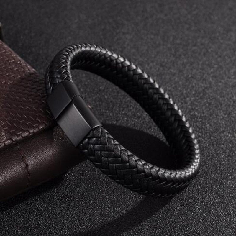 Black Braided Leather Wrap Infinity Bracelet