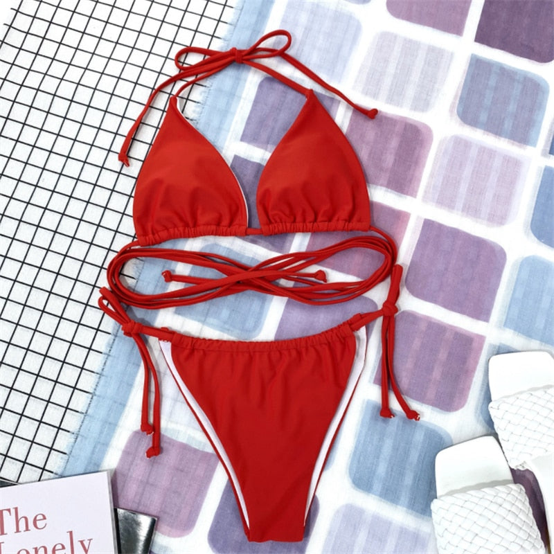 Bandage Solid Brazilian Thong Bikini Swimwear