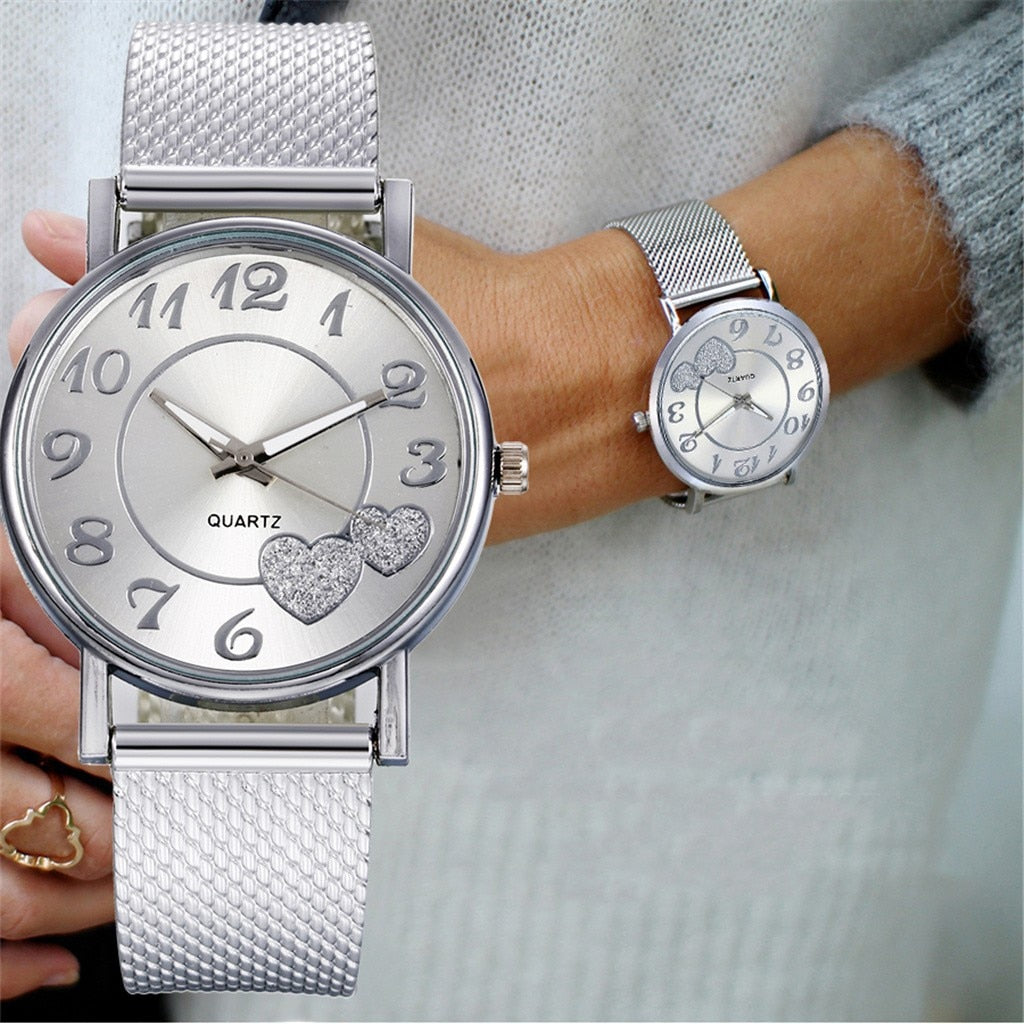 Fashion Women Silver Heart Dial Silicone Mesh Belt Wristwatch