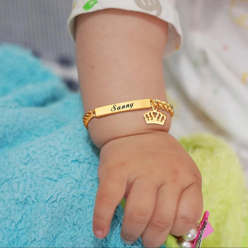 Personalize Baby Name Chain Smooth Bangle Link Gold Tone Bracelet
