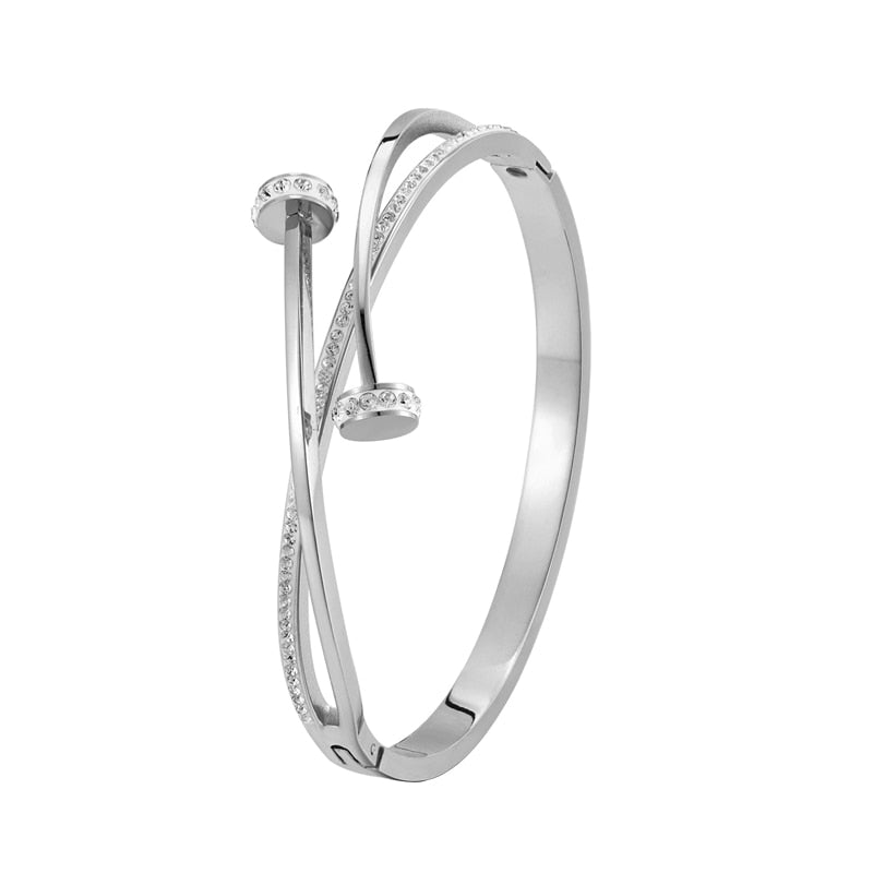 New Unique Double Crystal Nail Head Cross Stainless Steel Bracelet
