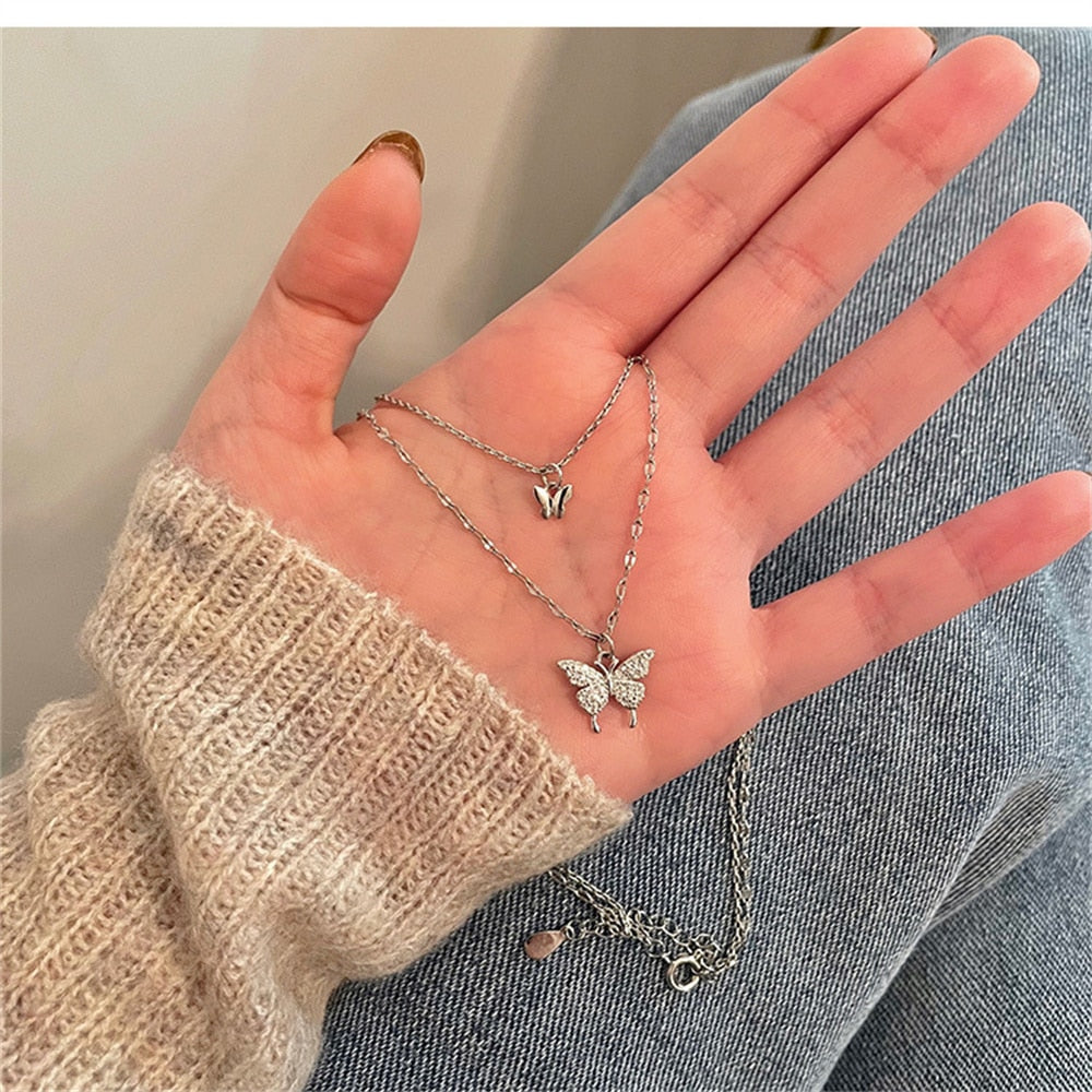 New Shiny Butterfly Double Layer Clavicle Chain Necklace