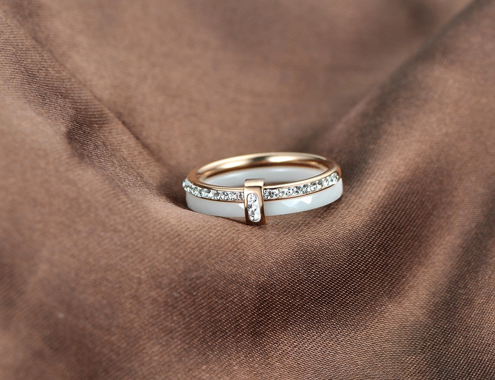 Black/White Ceramic Crystal Stainless Steel Wedding Ring
