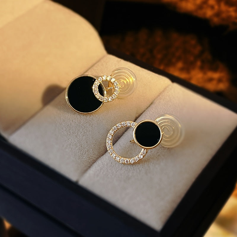 Asymmetrical Round Hollow Black Stud Earrings