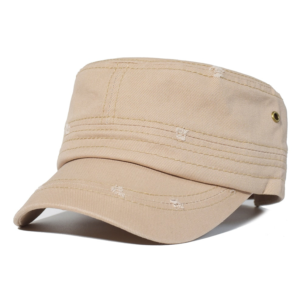 Washed Cotton Military Caps Men Cadet Army Cap Unique Design Vintage Flat Top Hat