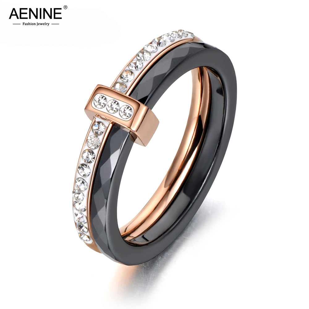 Black/White Ceramic Crystal Stainless Steel Wedding Ring