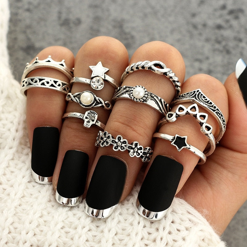 14 Pcs/Set Neo-Gothic Mixed Feather Elephant Star Moon Sun Ring