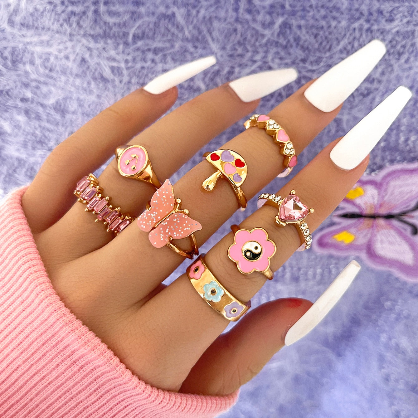 Aprilwell Cute Pink Butterfly Ring Set for Women