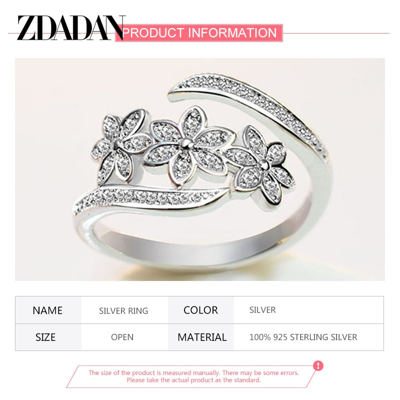 925 Sterling Silver Fashion Adjustable Open CZ Flowers Ring
