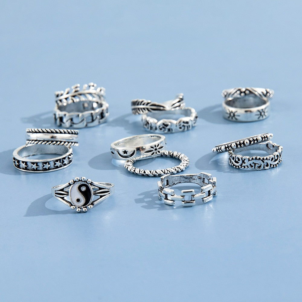 14 Pcs/Set Neo-Gothic Mixed Feather Elephant Star Moon Sun Ring