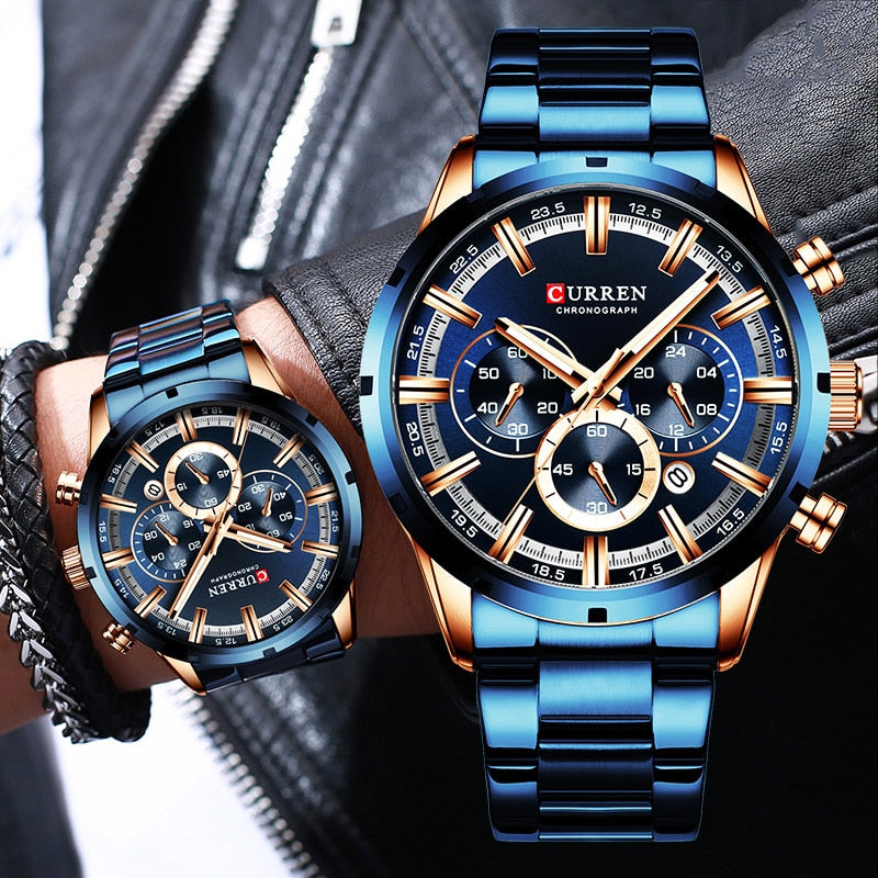 Blue Dial Stainless Steel Band Date Mens Watch
