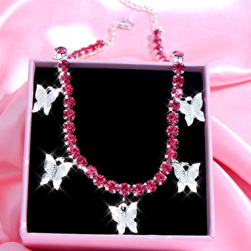 Gold Silver Color Butterfly Pendant Necklace Female Shiny Crystal Clavicle Chain Necklace