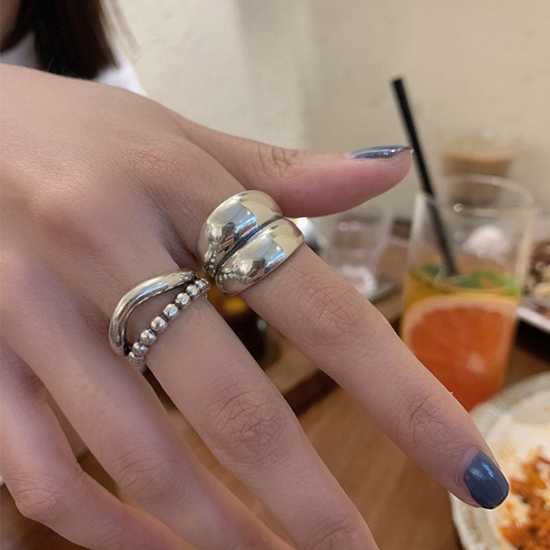 VENTFILLE 925 Sterling Silver Wave Light-shaped Solid Double-layer Ring