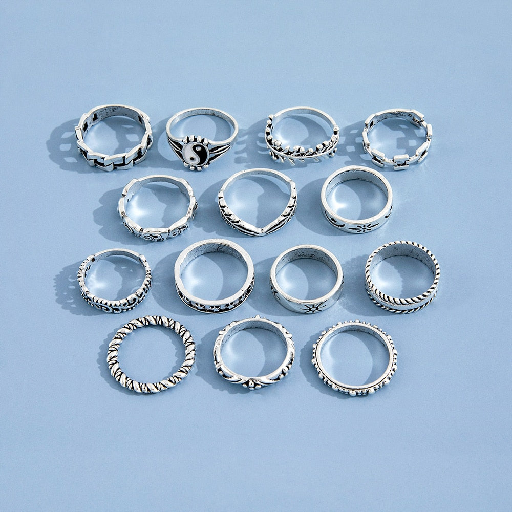 14 Pcs/Set Neo-Gothic Mixed Feather Elephant Star Moon Sun Ring