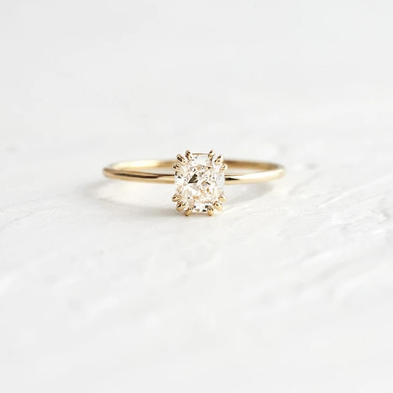 Aide 925 Sterling Silver Gold Single Round Zircon Crystal Ring