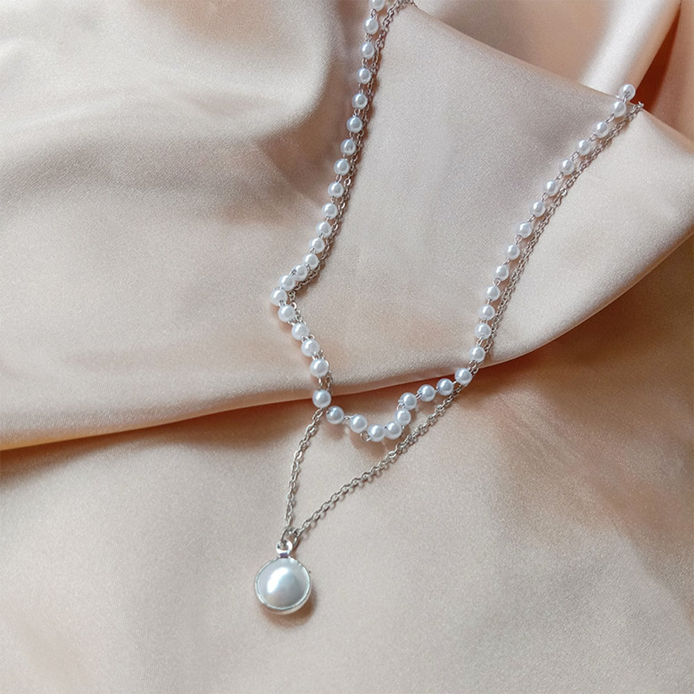SUMENG Double Layer Chain  Kpop Pearl Choker Necklace
