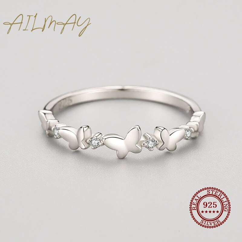 Ailmay 925 Sterling Silver Clear Zircon Butterfly Finger Ring