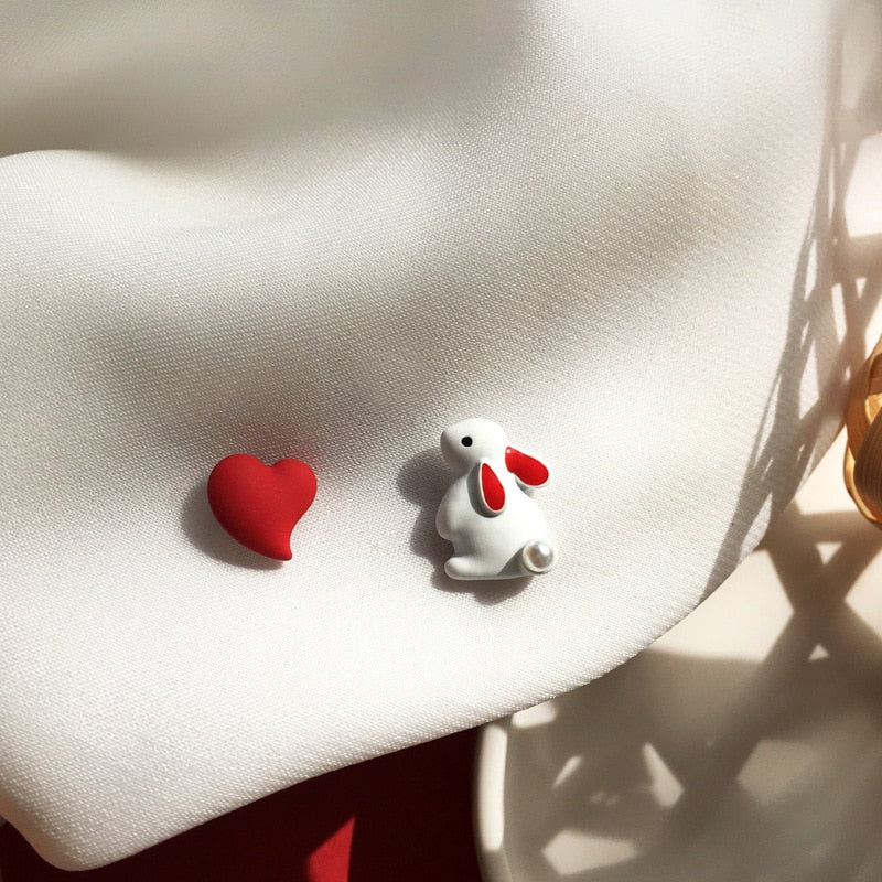 Asymmetric Heart Stud Hollow ECG Tassel Zircon Pearl Earrings