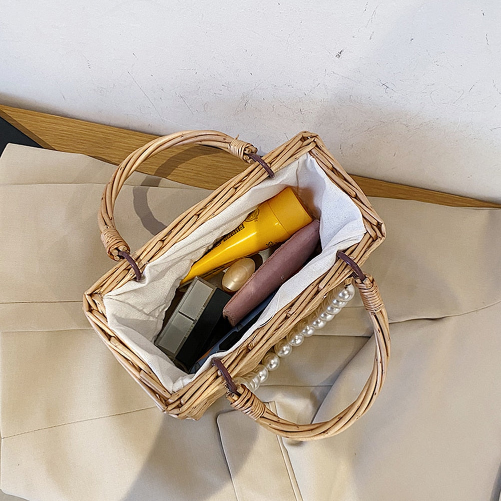Straw Rattan Handmade Pearl Beads Tote Bag