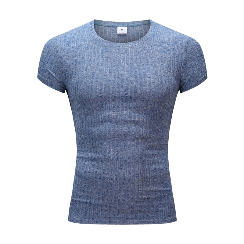 Men V Neck Short Sleeve T Shirt Fitness Slim Fit Sports Strips T-shirt